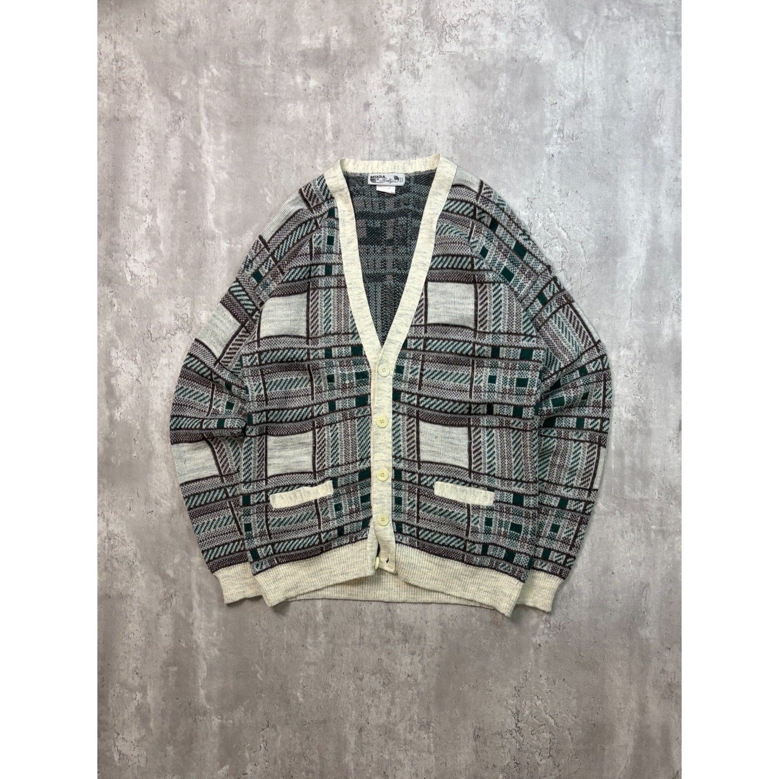 Vintage 80s Moda Abstract Plaid Print Cardigan Knit Sweater Size Large