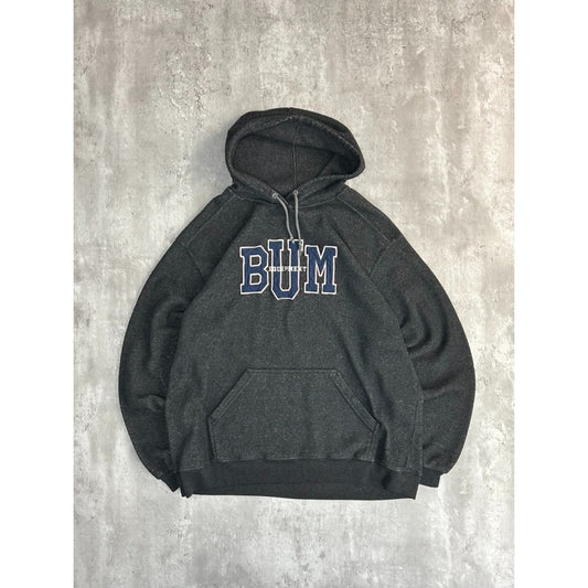 Vintage BUM Equipment Embroidered Spellout Hooded Sweatshirt Size Large Gray