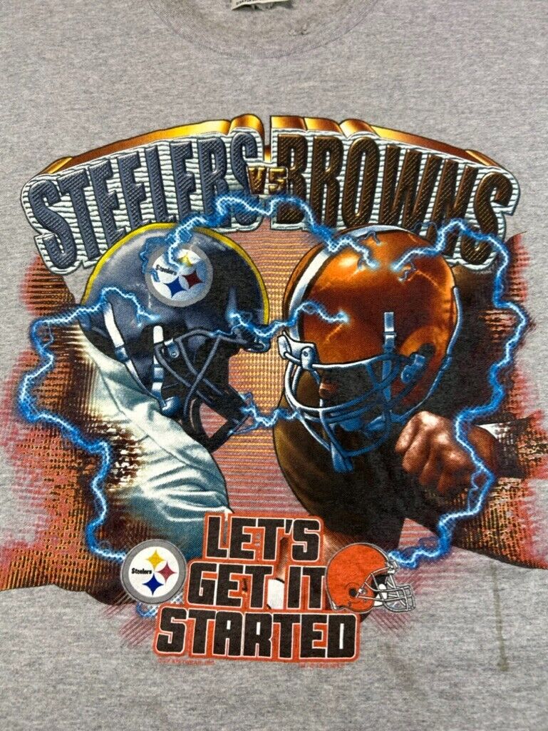 Vintage 1999 Steelers Vs. Browns NFL Helmet Graphic T-Shirt Size 2XL Gray