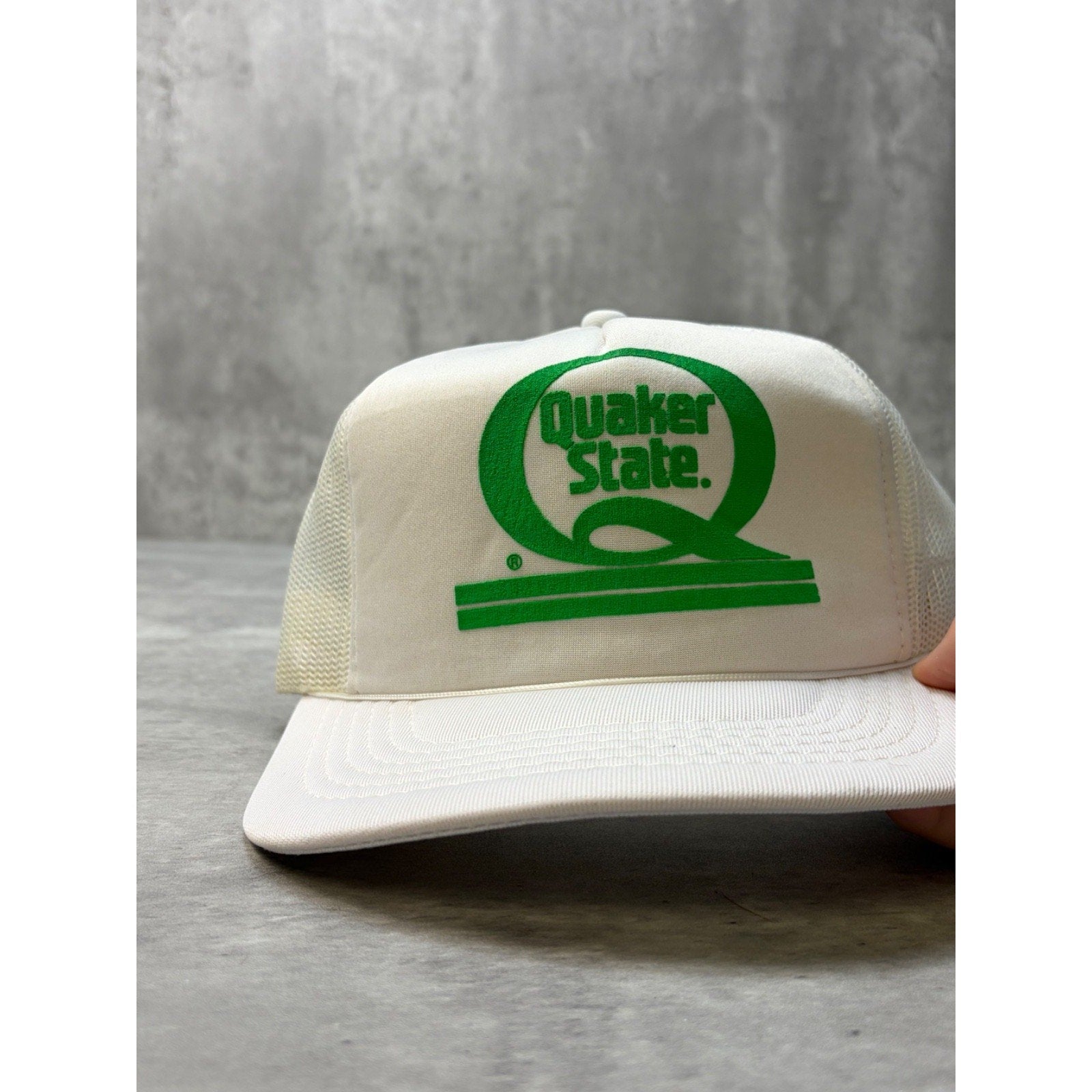 Vintage 80s Quaker State Graphic Logo White Trucker Snapback Hat OSFA