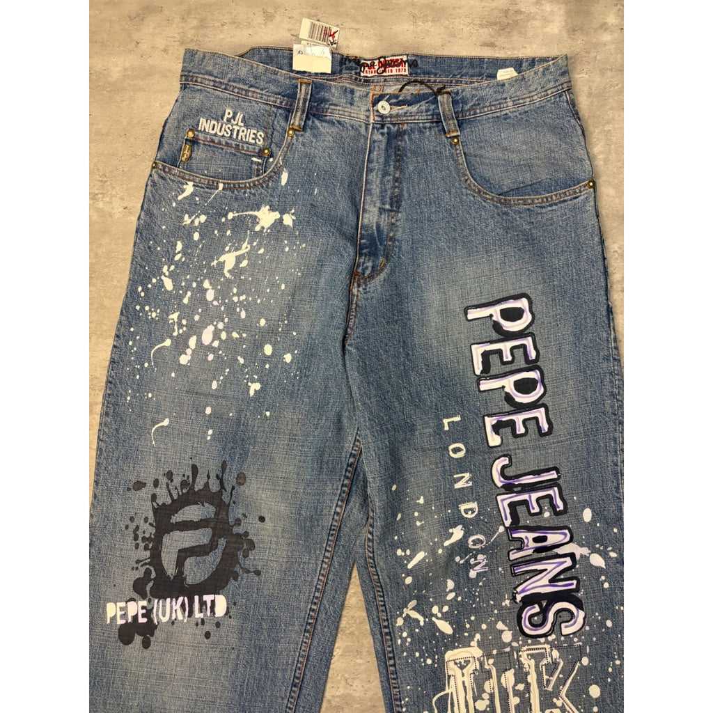 Vintage Y2K Pepe Jeans Paint Splatter Spellout Medium Wash Denim Pants Sz 38x33