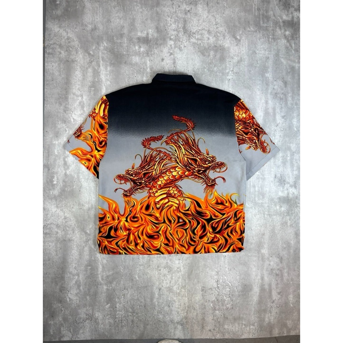 Vintage Y2K Anime Flaming Dragon All Over Print Graphic Button Up Shirt Size XXL