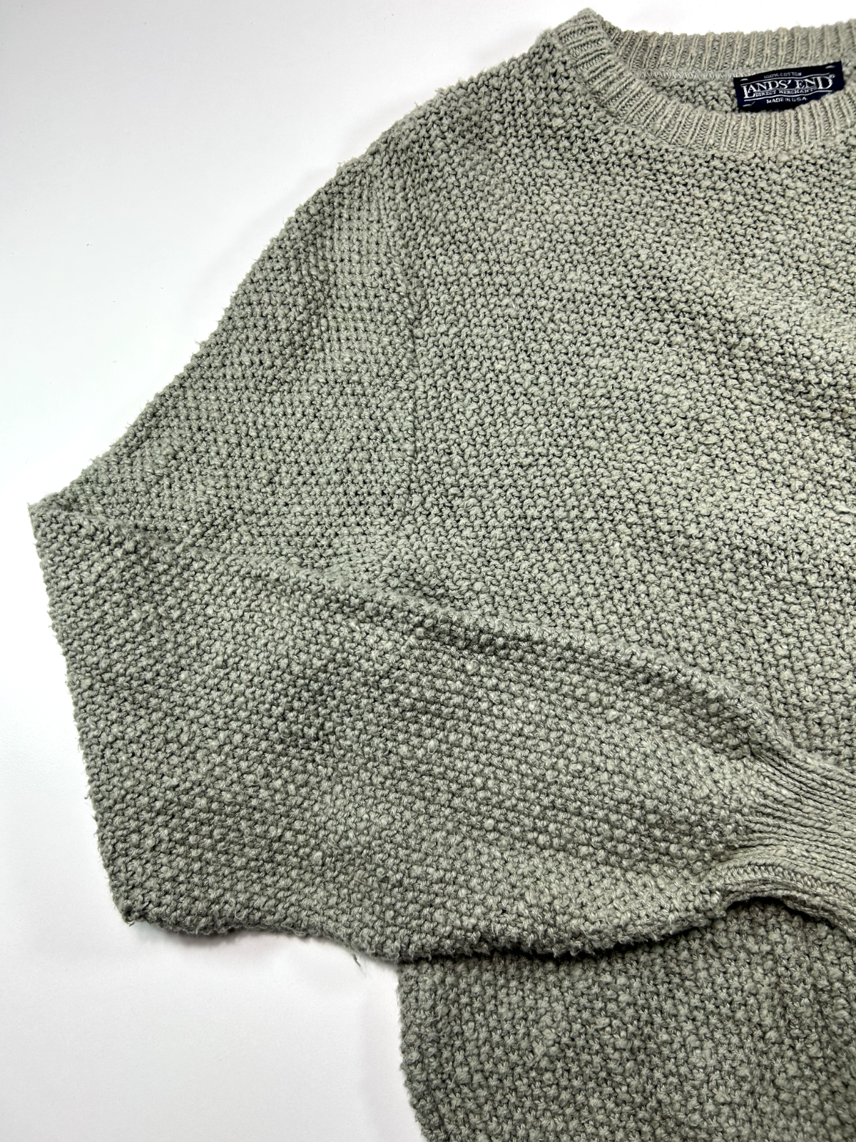 Vintage 90s Lands End Cotton Textured Knit Sweater Size Medium Green