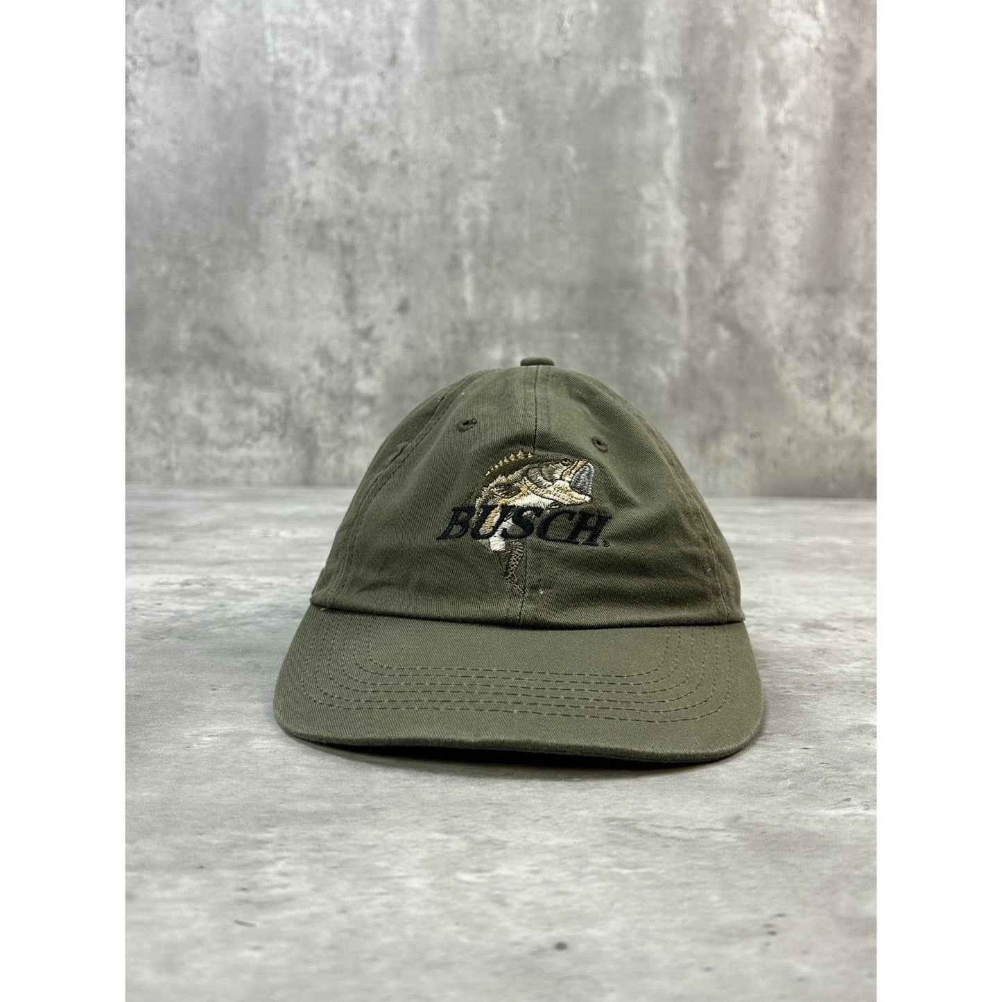 Vintage Busch Bass Fishing Embroidered Spellout Beer Promo Strapback Hat OSFA