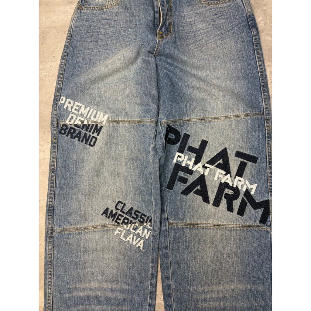 Vintage Y2K Womens Phat Farm Embroidered Spellout Medium Wash Denim Pants