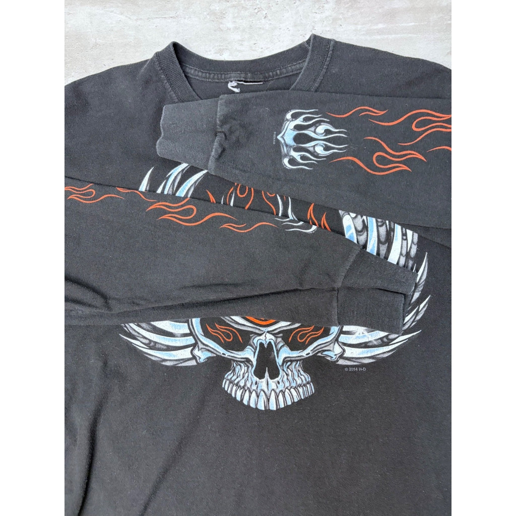 Harley Davidson Flaming Chrome Skull Graphic Long Sleeve T-Shirt Size Medium