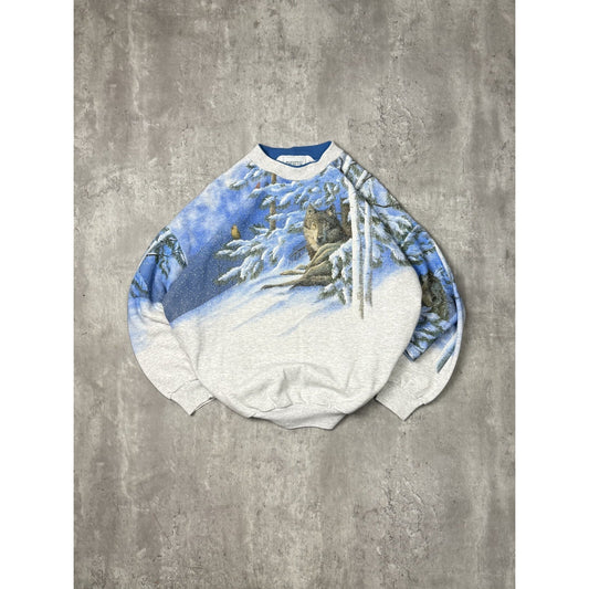 Vintage 90s Wolf Winter Landscape All Over Print Graphic Sweatshirt Size Large