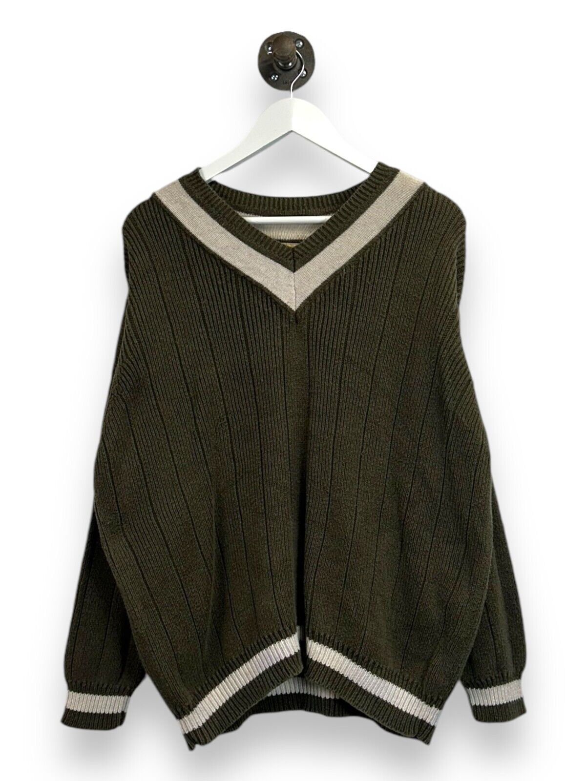 Vintage B. Moss Striped V Neck Pull Over Sweater Size Large Green