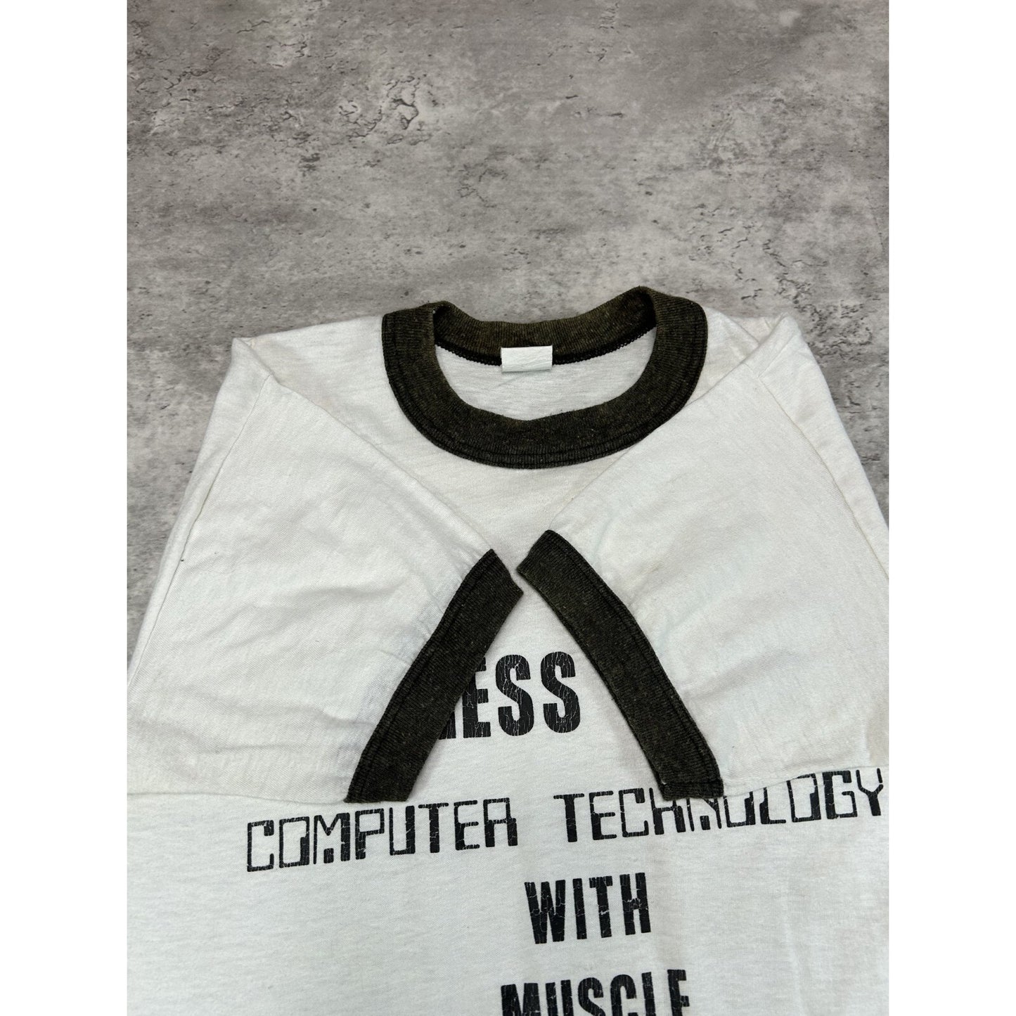 Vintage 80s Fitness Tech Computer Technology & Muscle Ringer T-Shirt Size Small