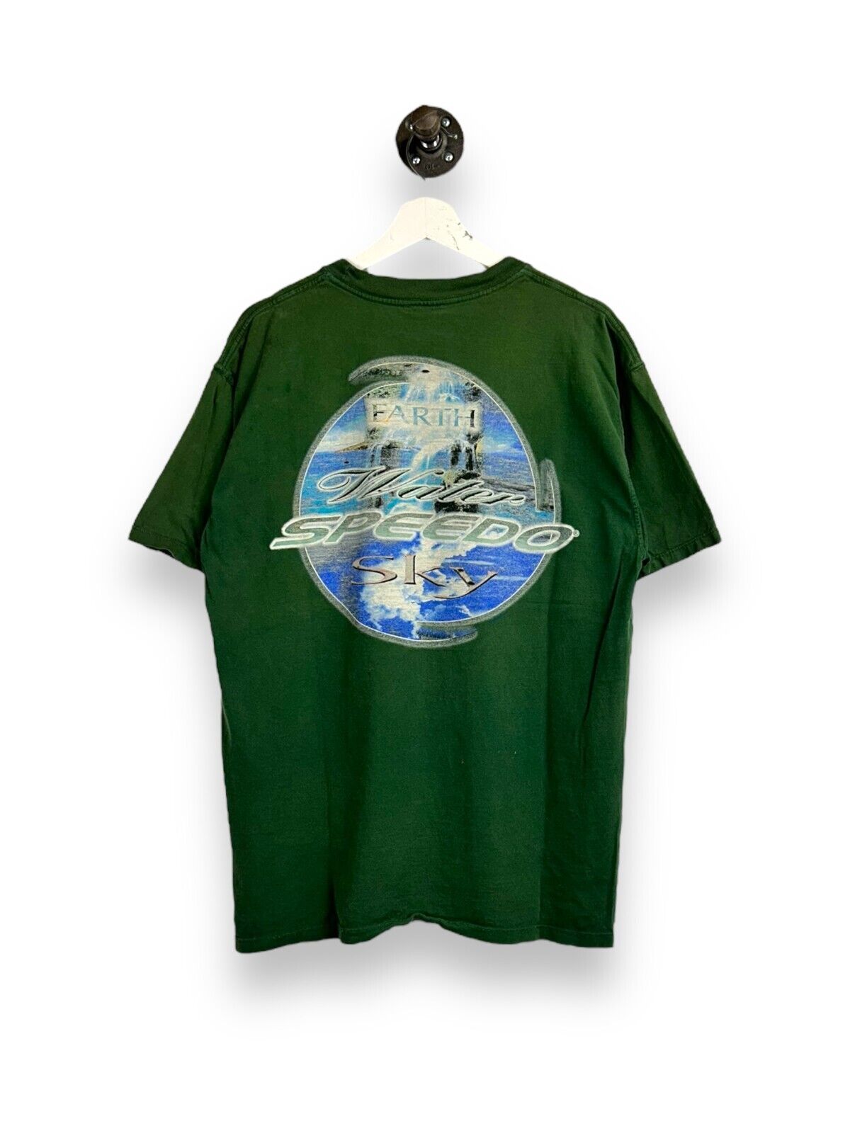 Vintage 90s Speedo Earth Water Sky Graphic T-Shirt Size Large Green