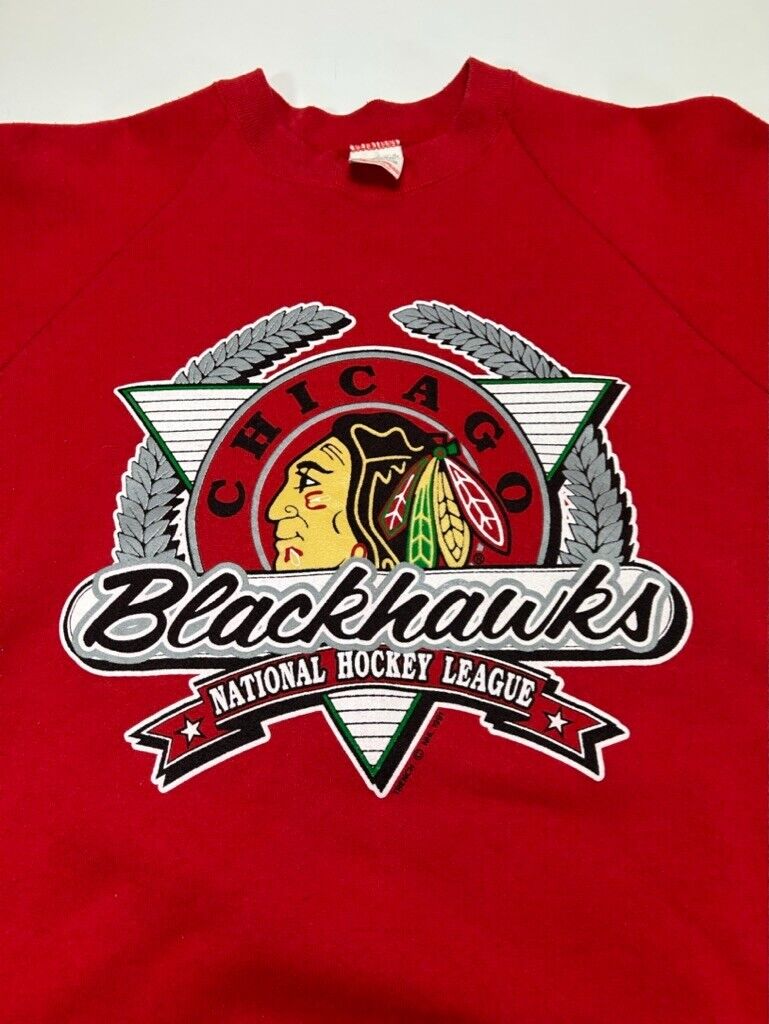 Vintage1991 Chicago Blackhawks NHL Spellout Crest Hockey Sweatshirt Size Large