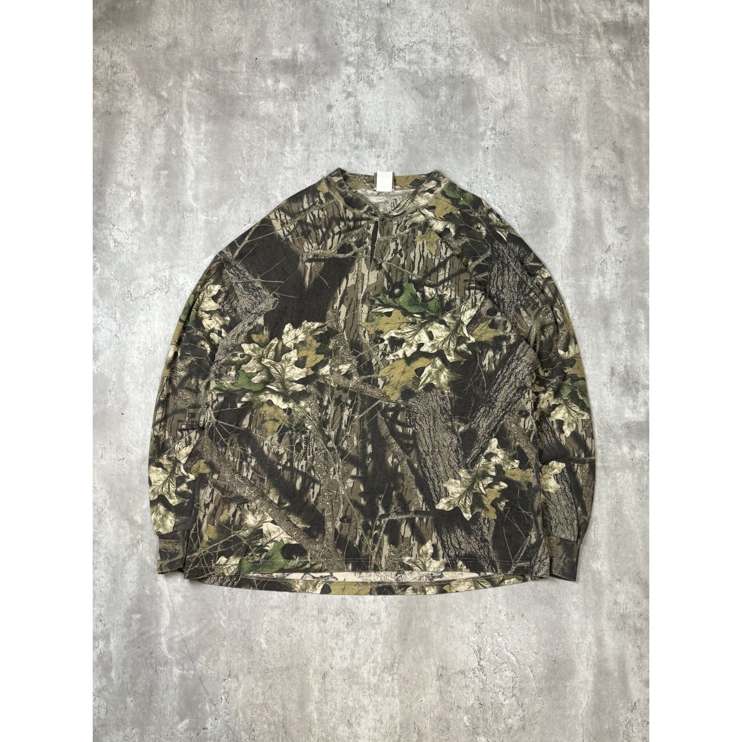 Vintage Jerzees Outdoors Mossy Oak Tree Camo 1/4 Button Hunting T-Shirt Sz 2XL