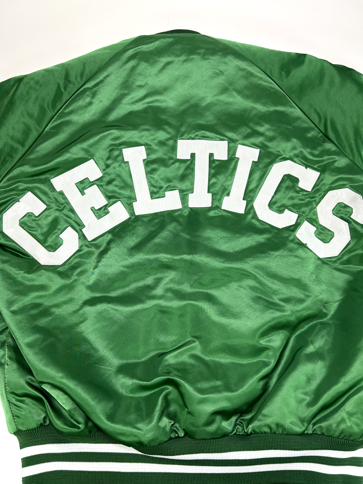 Vintage 80s Boston Celtics NBA Embroidered Spell Out Satin Bomber Jacket Sz M