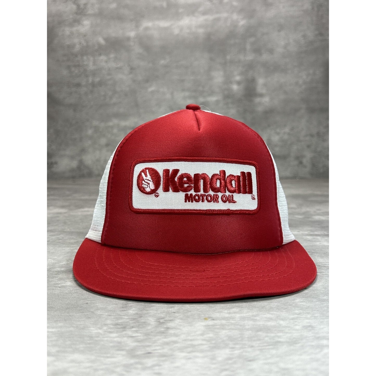 Vintage 1980s Kendall Motor Oil Embroidered Patch Trucker Snapback Hat OSFA Red