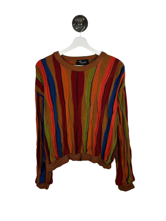 Vintage 90s Tosani Coogi Style Absrtact Cropped 3D Knit Sweater Size Small