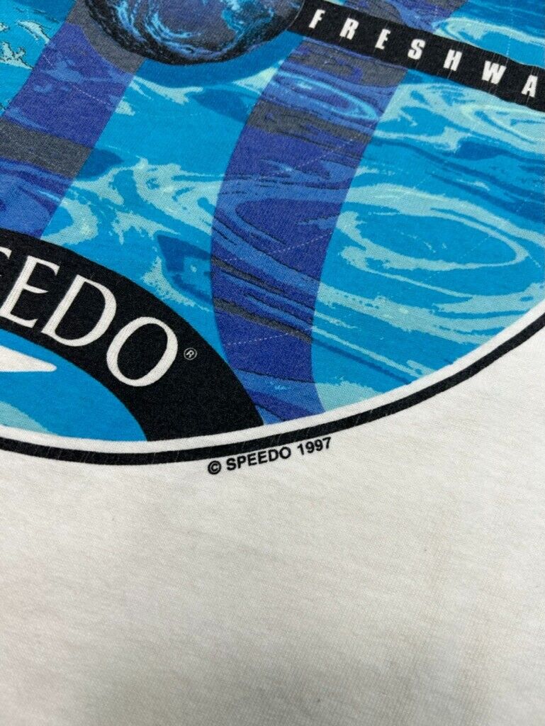 Vintage 1997 Speedo Saltwater Freshwater Graphic Spellout T-Shirt Size XL 90s