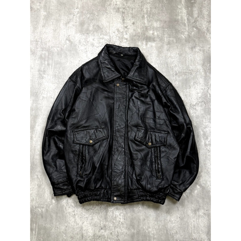 Vintage Leather Full Zip Black Bomber Jacket Size XL