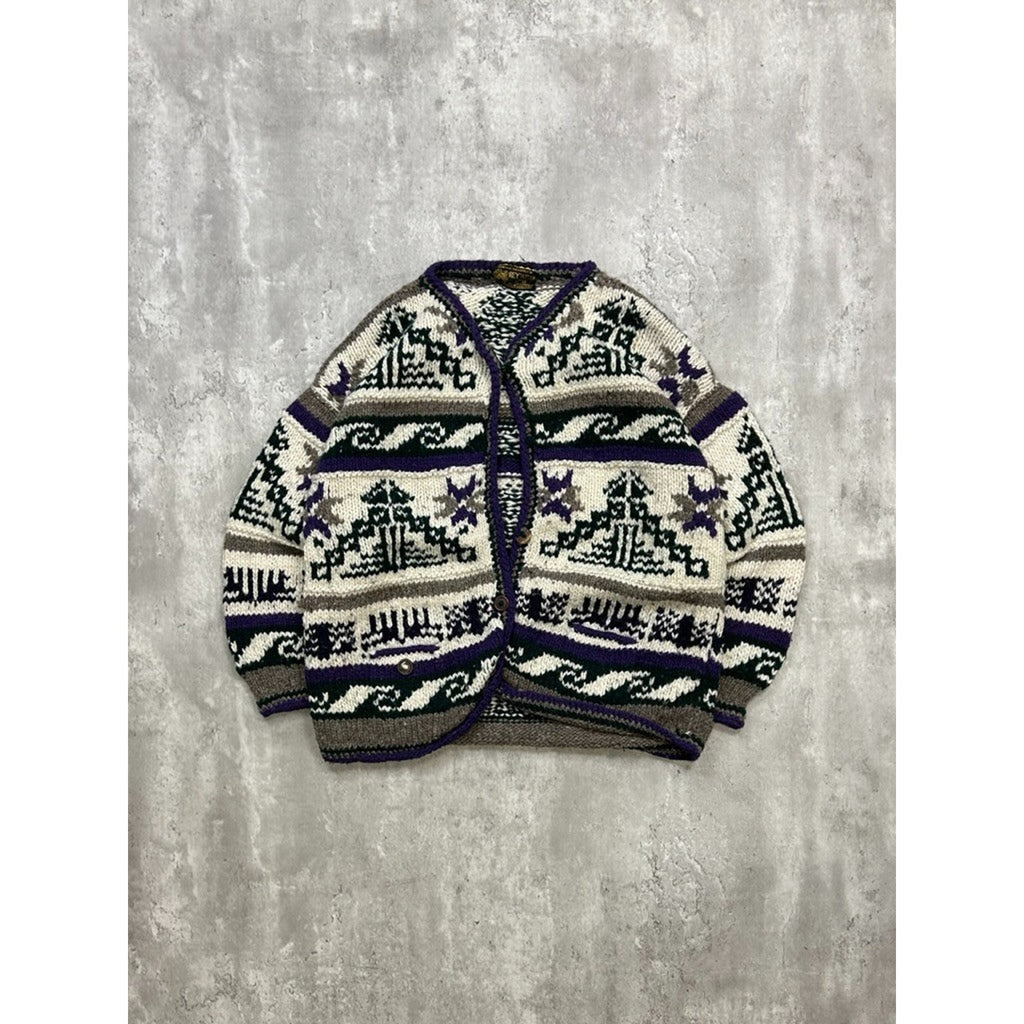 Vintage 80s/90s Rey Wear Geometric Print Cardigan Knit Sweater Size Large