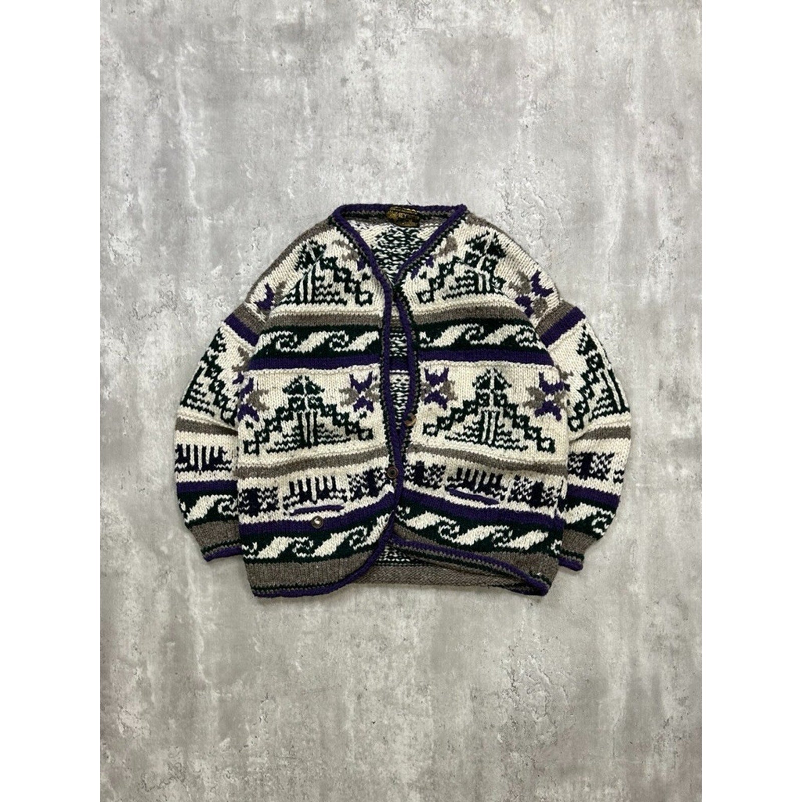 Vintage 80s/90s Rey Wear Geometric Print Cardigan Knit Sweater Size Large