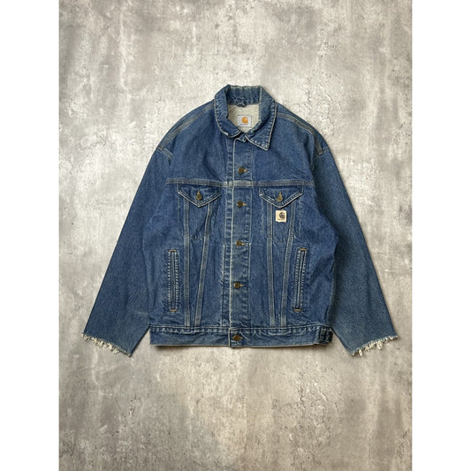 Vintage 90s Carhartt Dark Wash Denim Workwear Trucker Jacket Size Large Blue