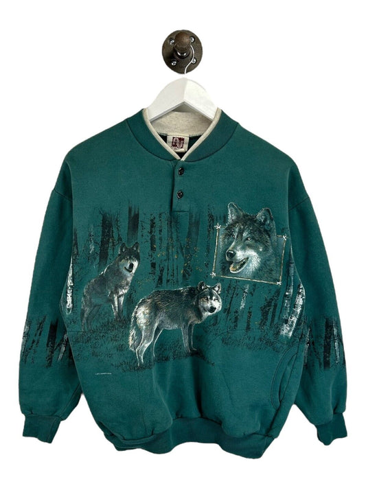 Vintage 90s Wolf Nature Forest All Over Print Graphic Sweatshirt Size Medium