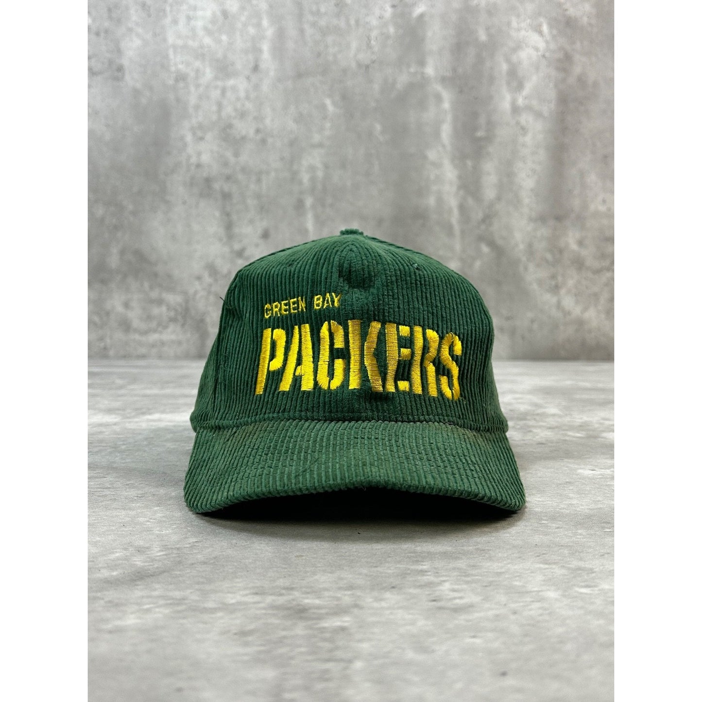 VTG 90s Green Bay Packers NFL Embroidered Spellout Corduroy Snapback Hat OSFA