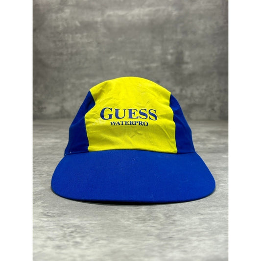 Vintage 90s Guess Waterpro Three Panel Spellout Hat OSFA Yellow/Blue