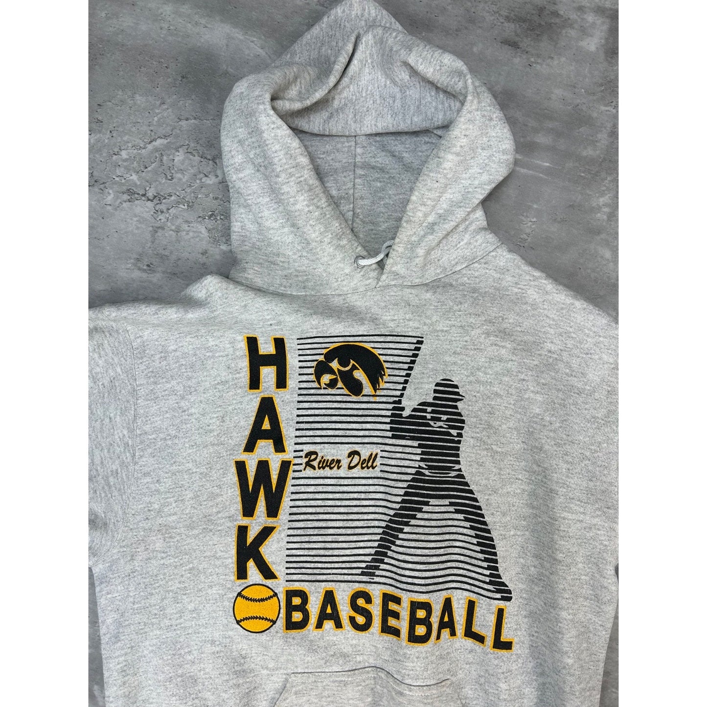 Vintage 90s River Dell Hawks NCAA Baseball Graphic Hooded Sweatshirt Size Large