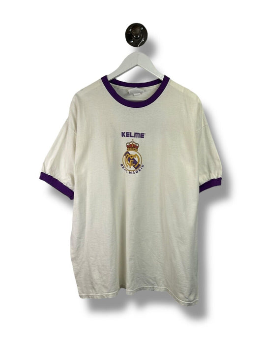 Vintage 90s Real Madrid FC Graphic Logo Soccer Ringer T-Shirt Size XL White