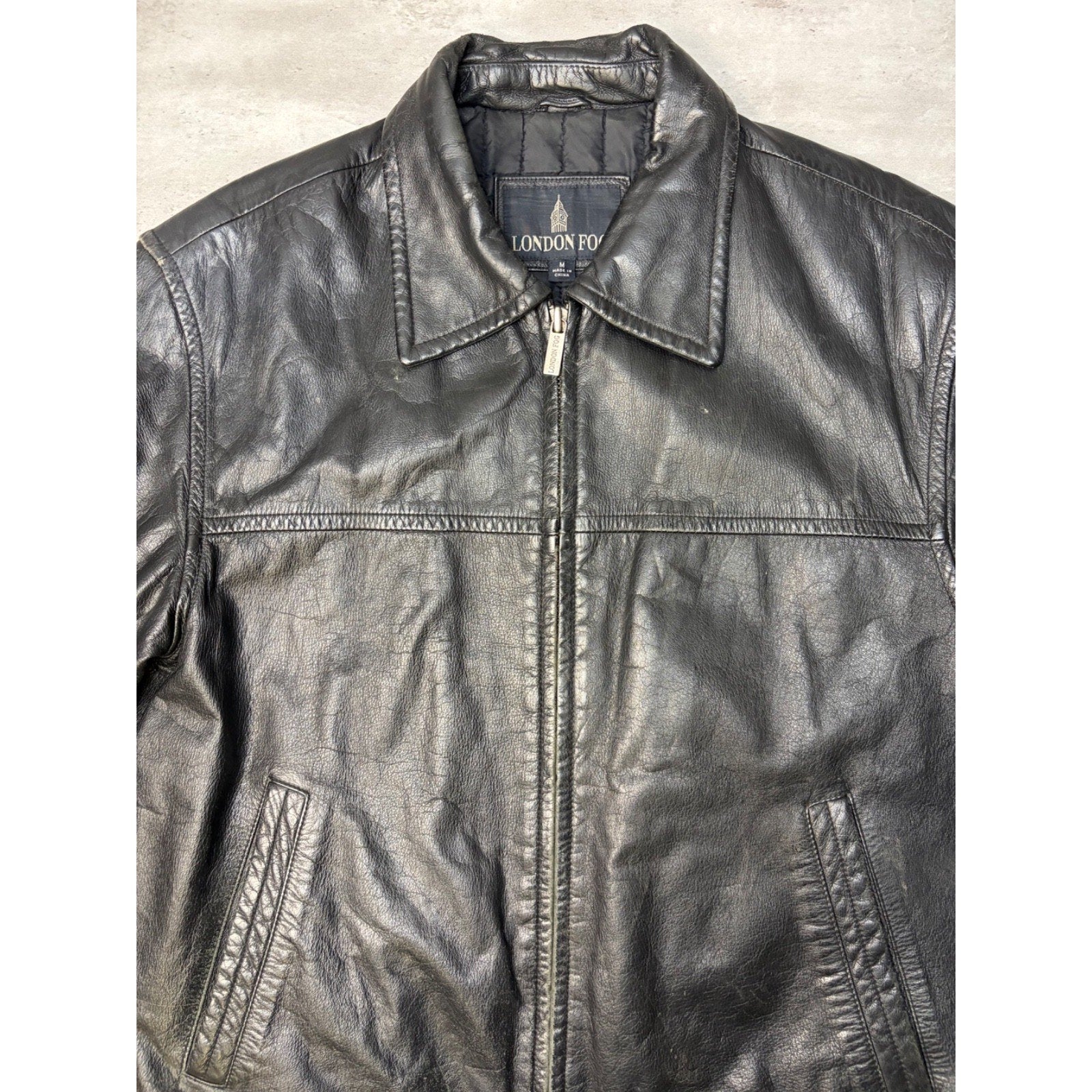 Vintage London Fog Full Zip Black Leather Bomber Jacket Size Medium