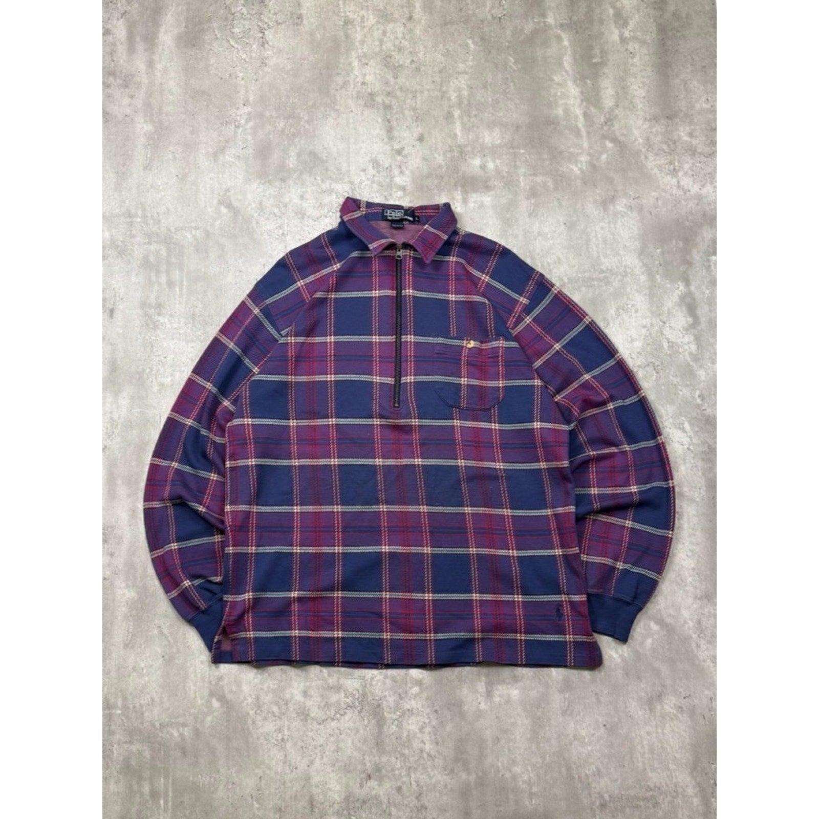 Vintage Polo Ralph Lauren Plaid 1/2 Zip Collared Crewneck Sweatshirt Size Large
