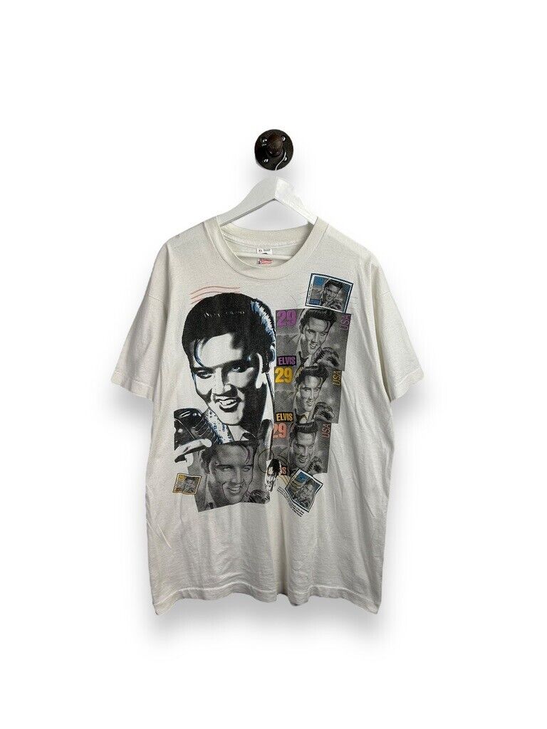 Vintage 1992 Elvis Presley Rock Music Stamp Graphic T-Shirt Size XL White 90s