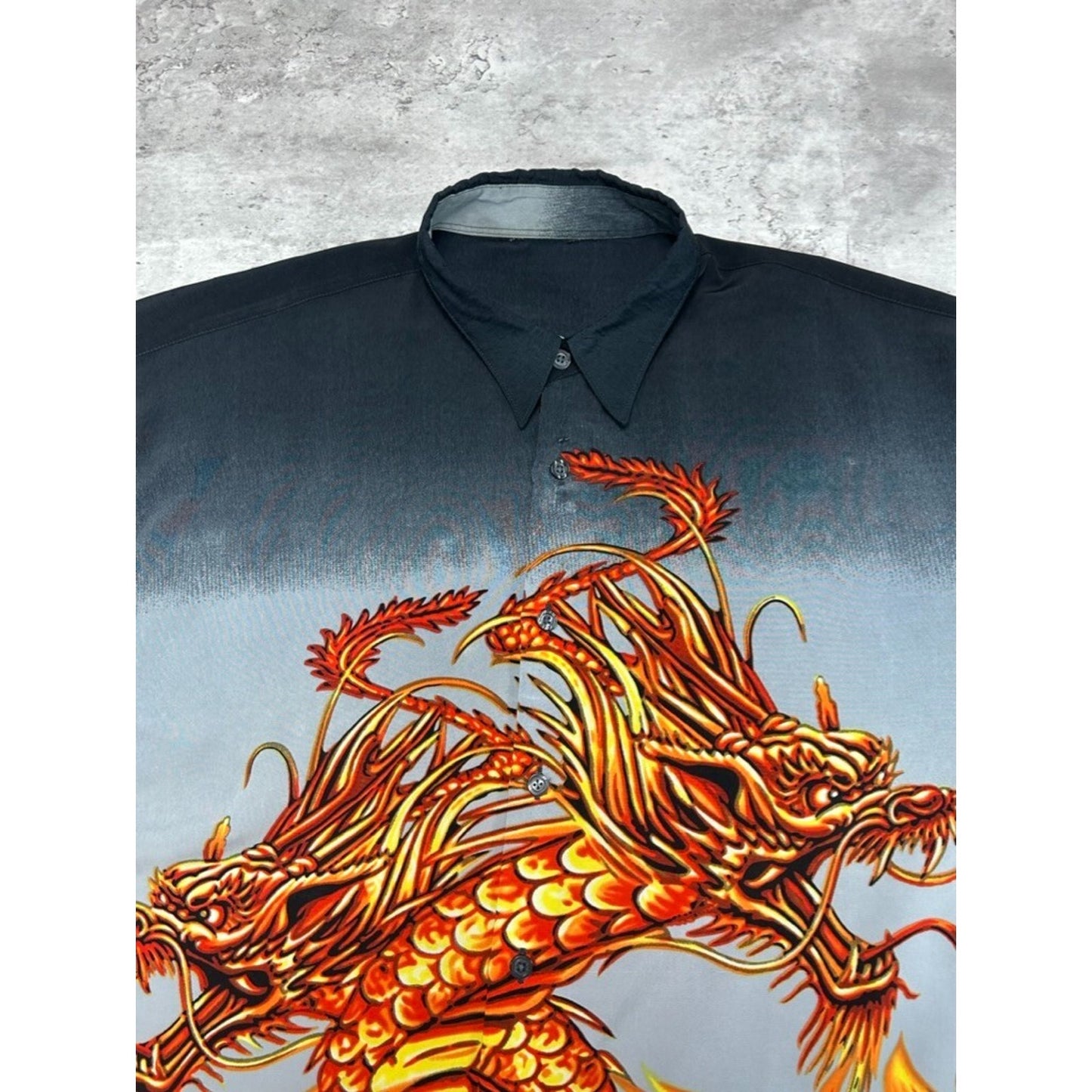 Vintage Y2K Anime Flaming Dragon All Over Print Graphic Button Up Shirt Size XXL
