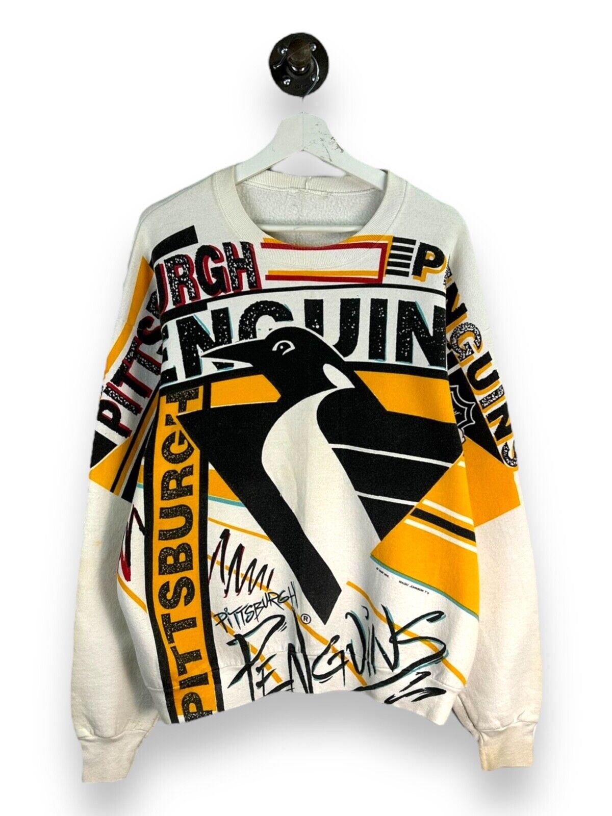 Vintage 1992 Pittsburgh Penguins NHL Magic Johnson AOP Sweatshirt Size Large