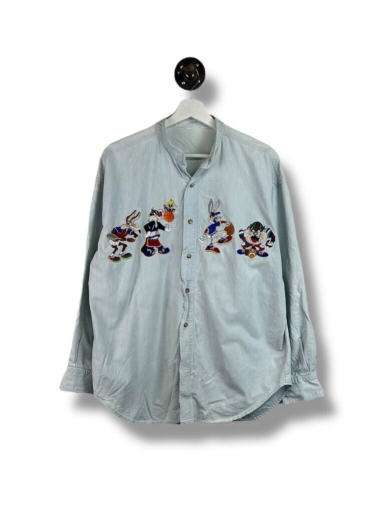 VTG 90s Looney Tunes Sports Graphic Light Wash Denim Button Up Shirt Sz Large