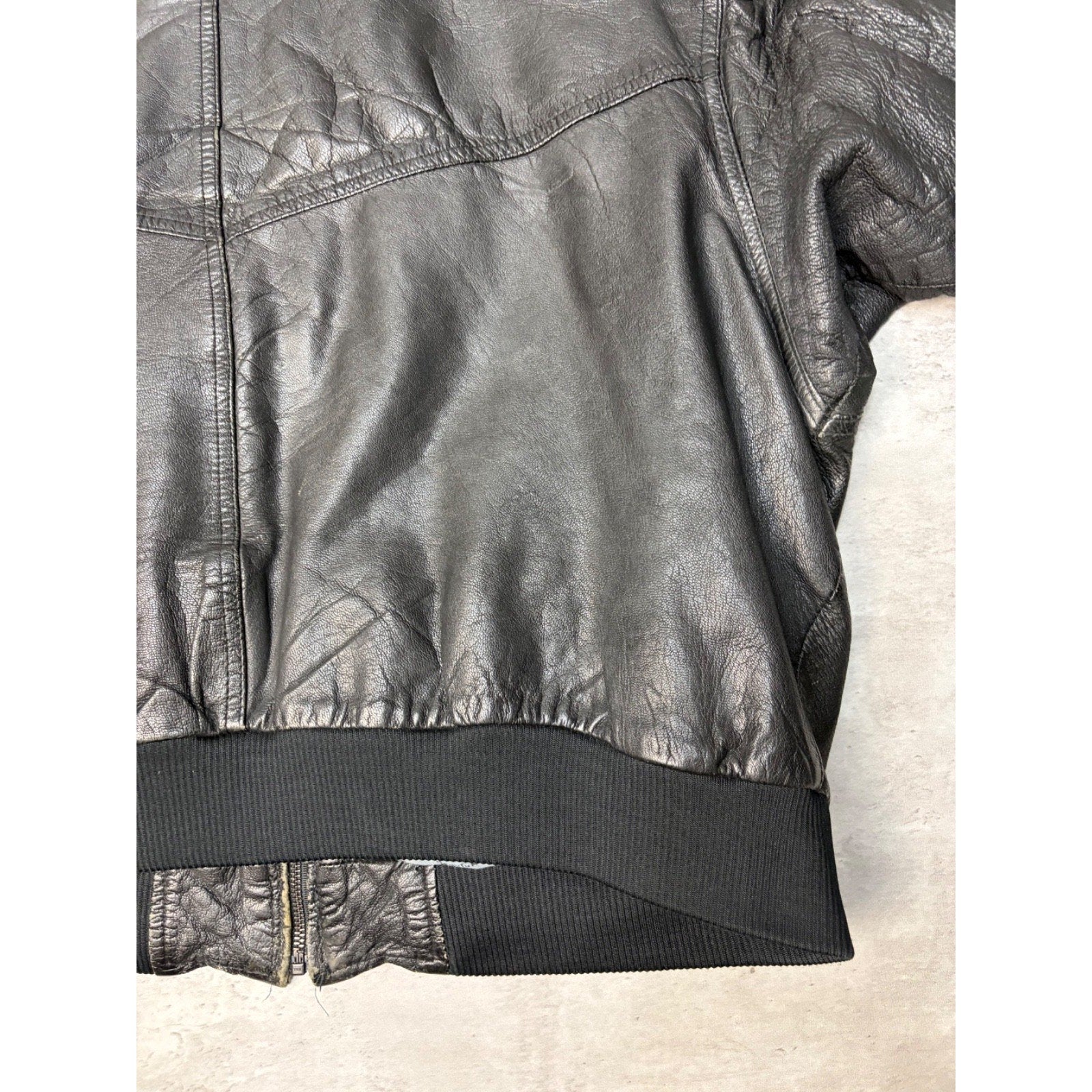 Vintage Leather Globe Pattern Lined Full Zip Bomber Jacket Size XL