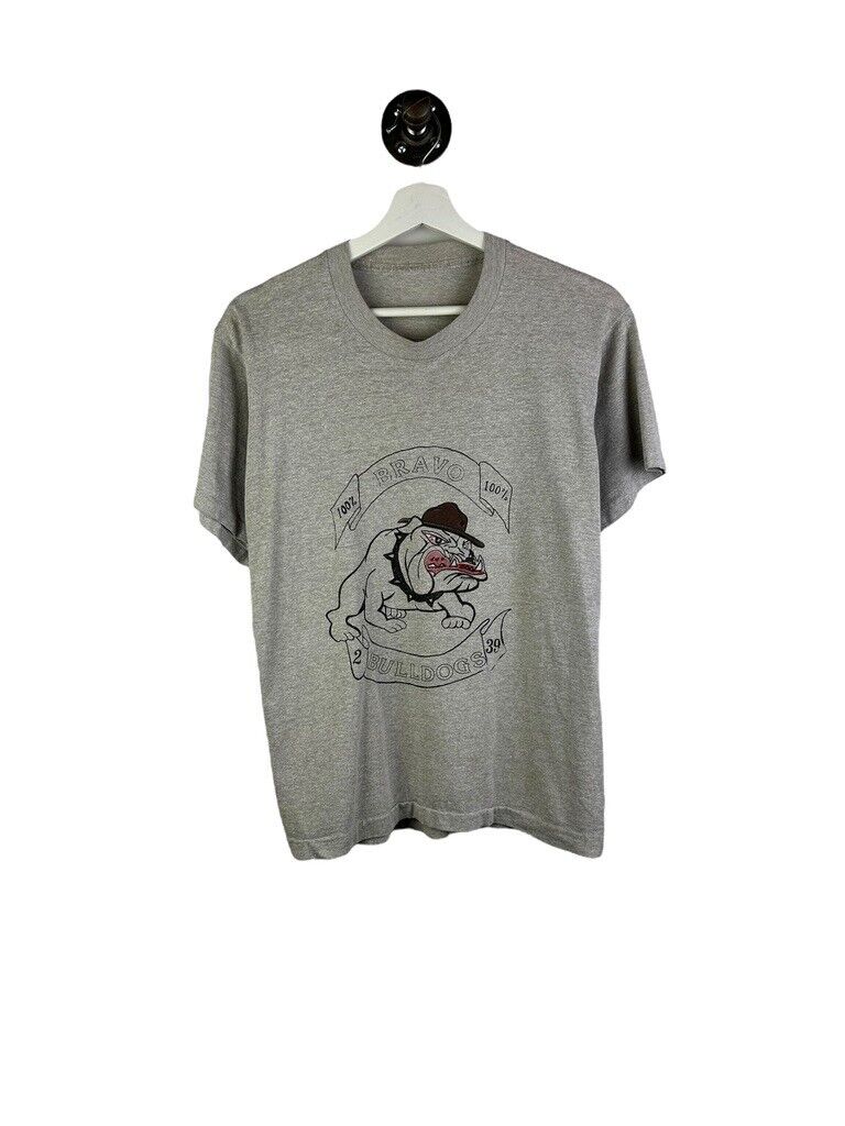 Vintage 70s/80s Bravo Bulldogs Mascot Graphic Spellout T-Shirt Size Medium Gray