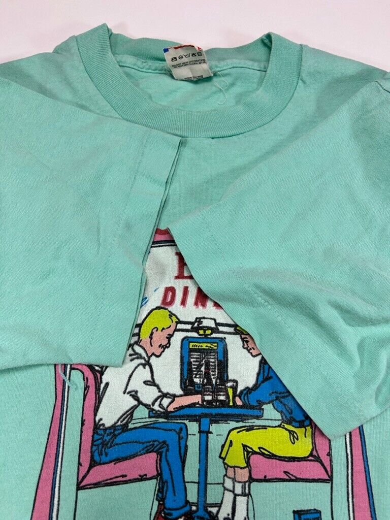 Vintage 1989 Budweiser Bud Diner Retro Cartoon Graphic T-Shirt Size Medium Blue