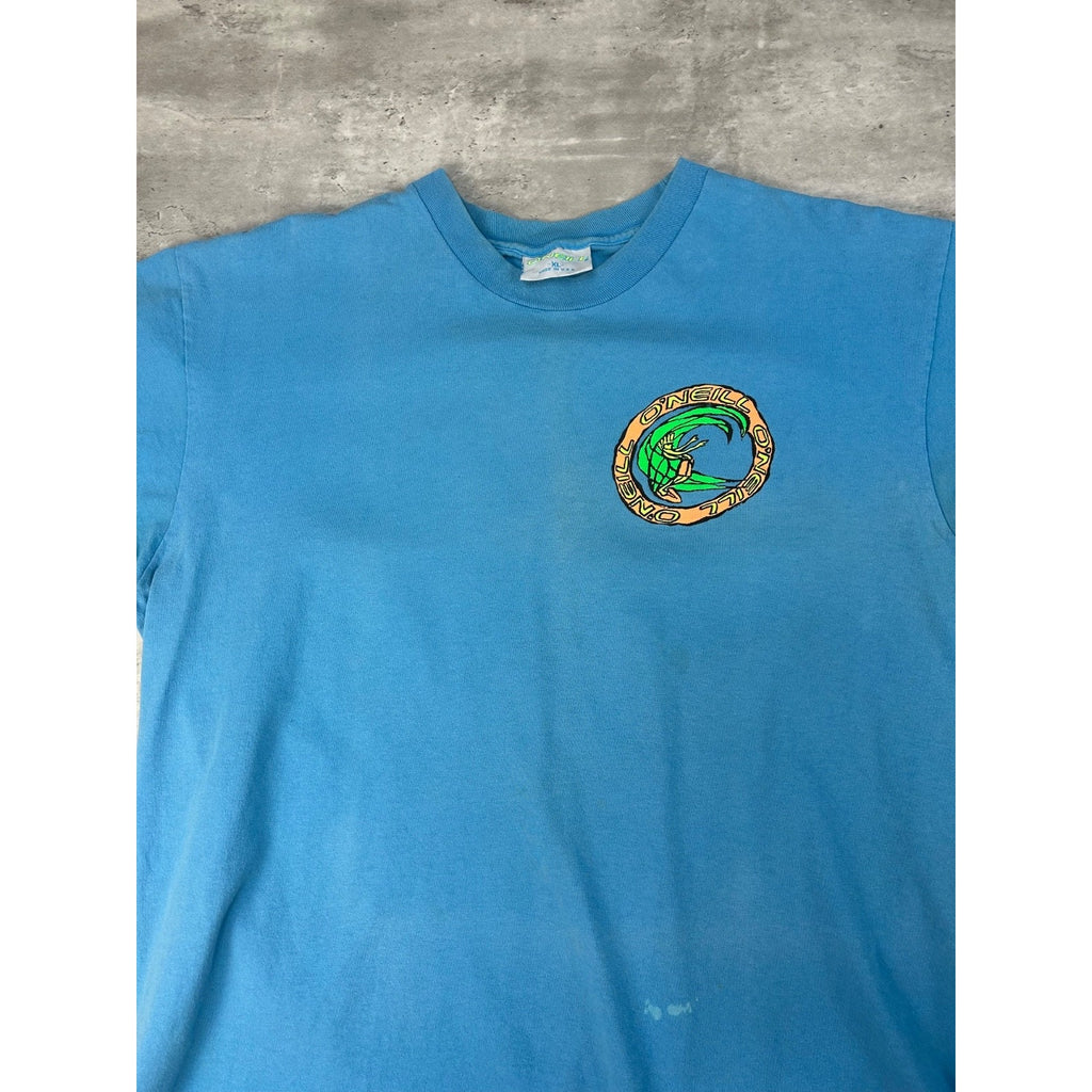 Vintage 90s O'Neill Cartoon Surfer Graphic Blue T-Shirt Size XL