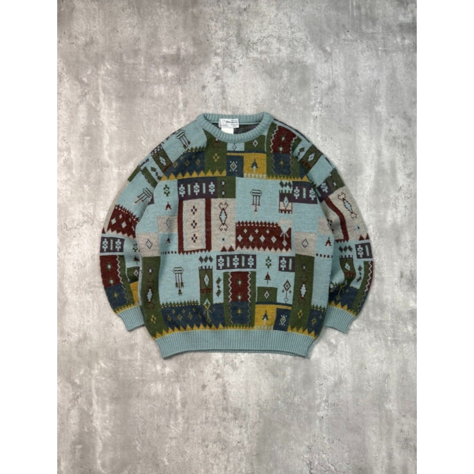 Vintage 90s Abstract Patchwork Style Print Knit Sweater Size XL
