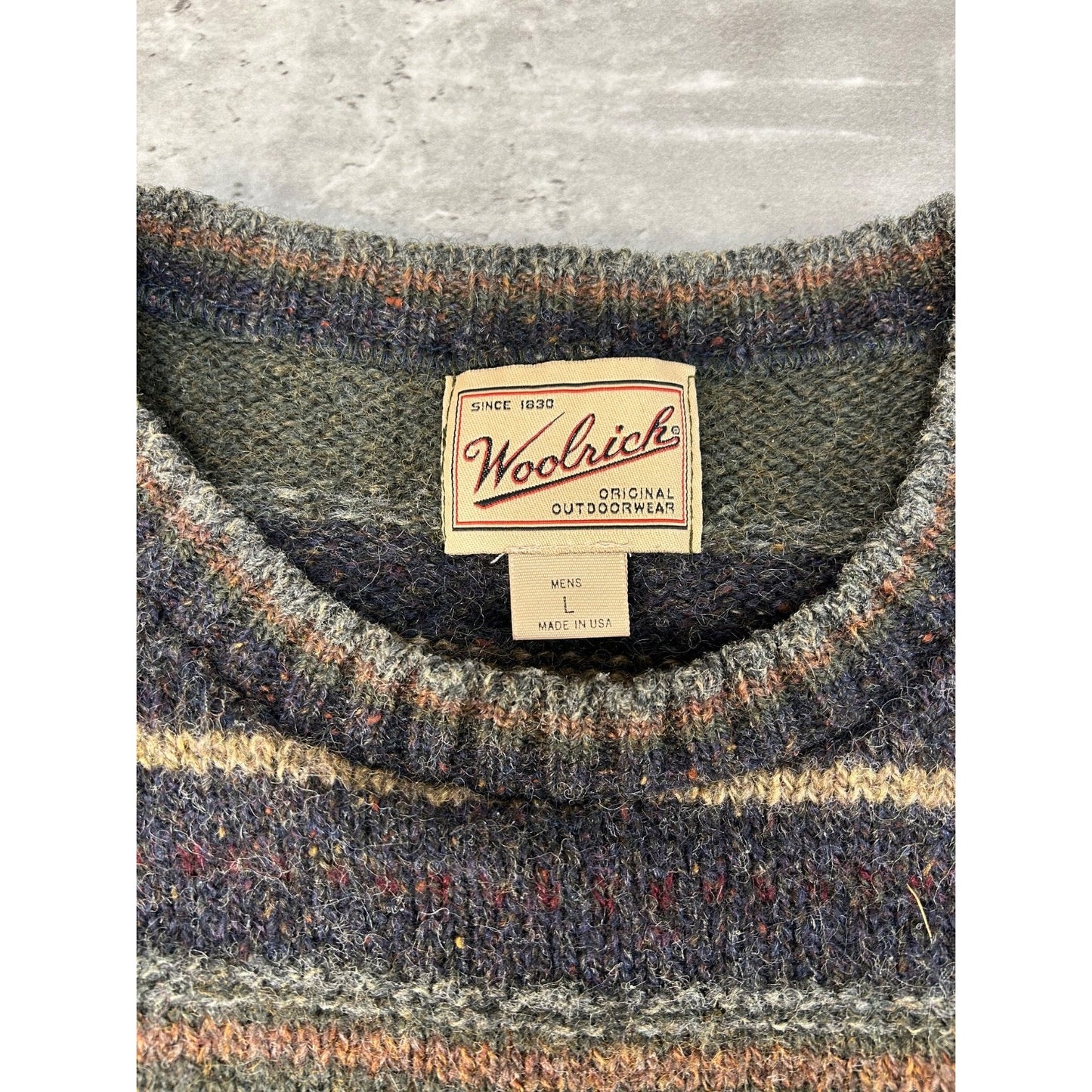 Vintage Woolrich Abstract Striped Print Pullover Knit Sweater Size Large