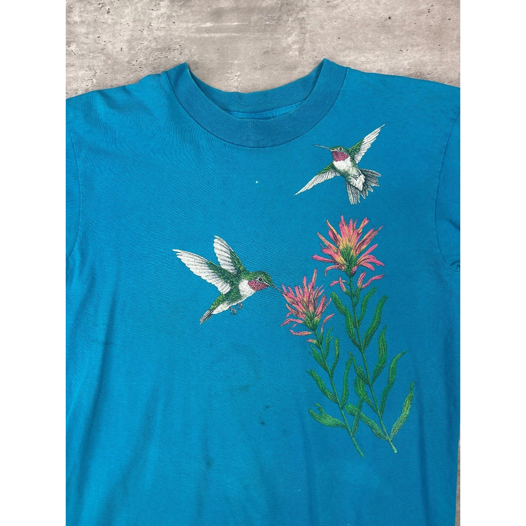 Vintage 90s Hummingbird Flower Nature Graphic T-Shirt Size Large Blue