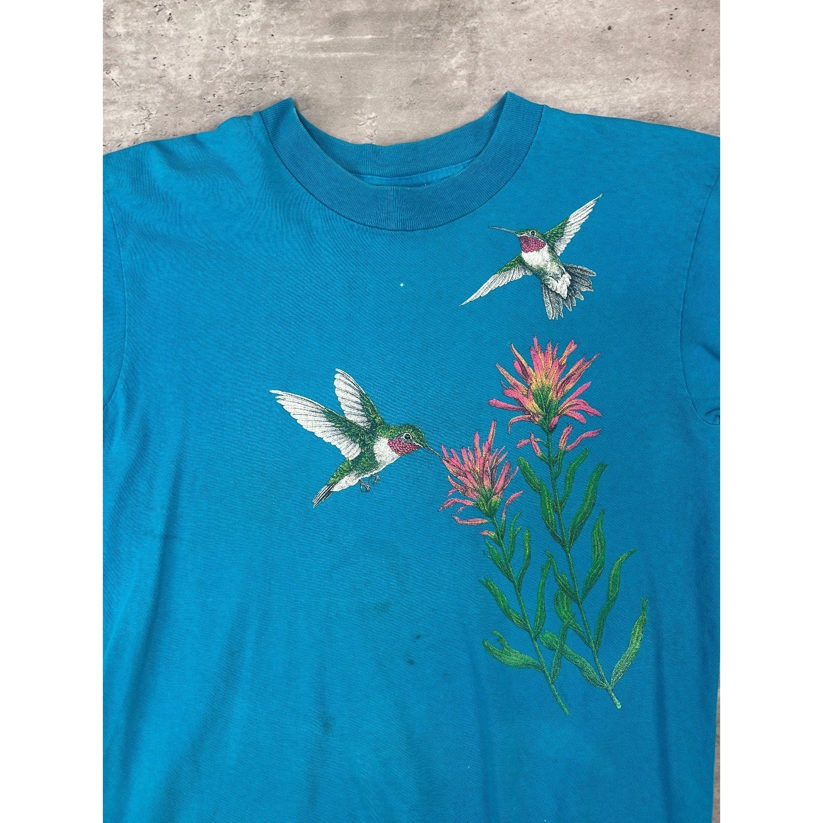 Vintage 90s Hummingbird Flower Nature Graphic T-Shirt Size Large Blue