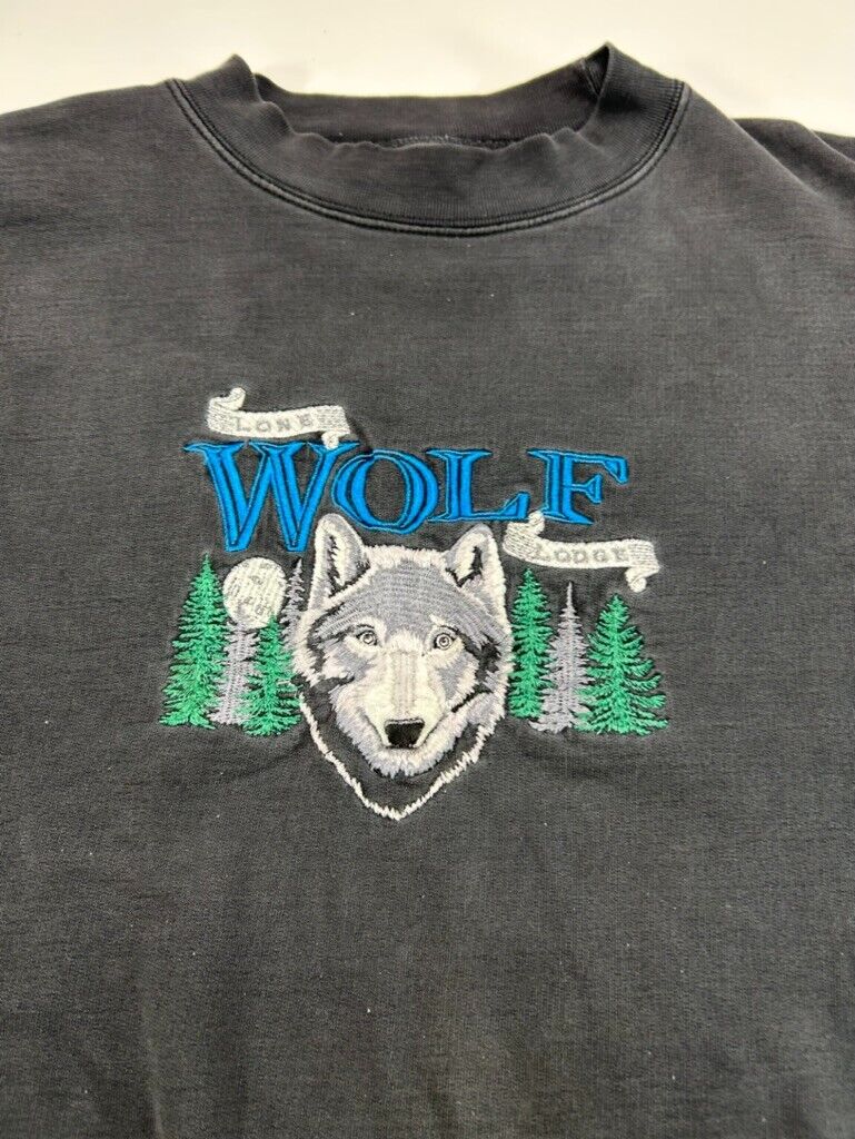 Vintage 90s Lone Wolf Lodge Embroidered Animal Graphic Sweatshirt Size XL