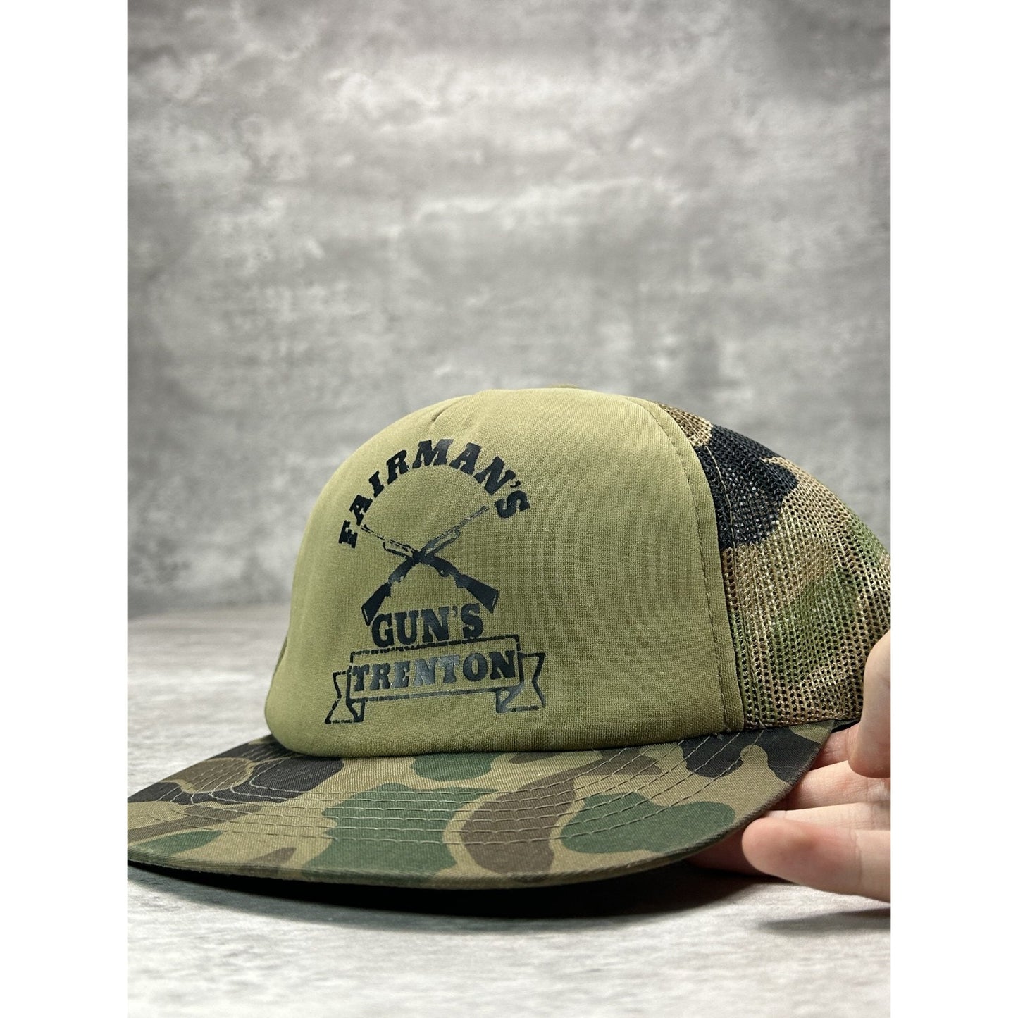Vintage 80s Fairmans Guns Hunting Camo Graphic Trucker Snapback Hat OSFA