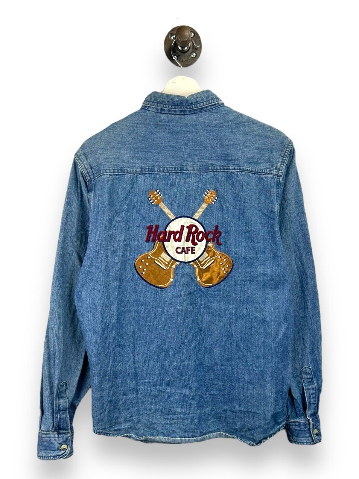 Vintage 90 Hard Rock Cafe Nashville Embroidered Denim Button Up Shirt Size Large