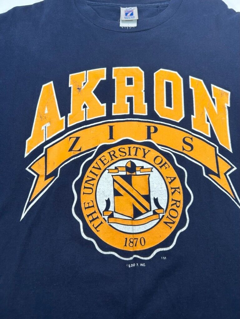 Vintage 90s Akron Zips NCAA Collegiate Crest Graphic T-Shirt Size Large Blue