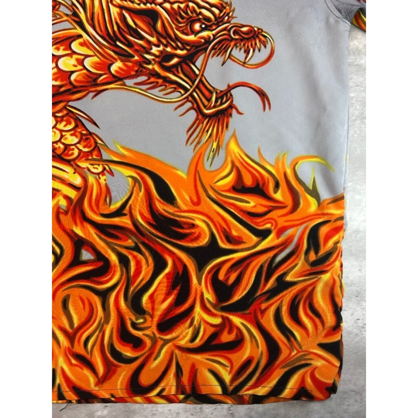 Vintage Y2K Anime Flaming Dragon All Over Print Graphic Button Up Shirt Size XXL
