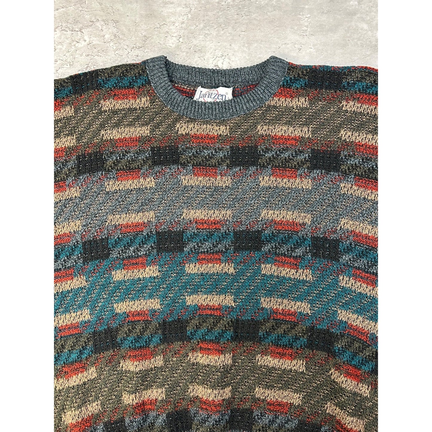 Vintage 90s Abstract Geometric Striped Pullover Knit Sweater Size Large