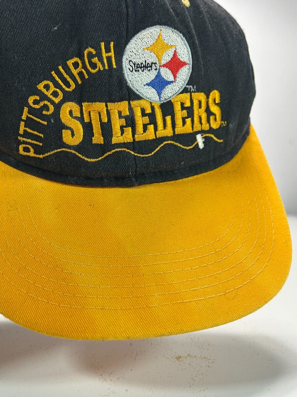 Vintage 90s Pittsburgh Steelers NFL Embroidered Spell Out Logo Fitted Hat OSFA